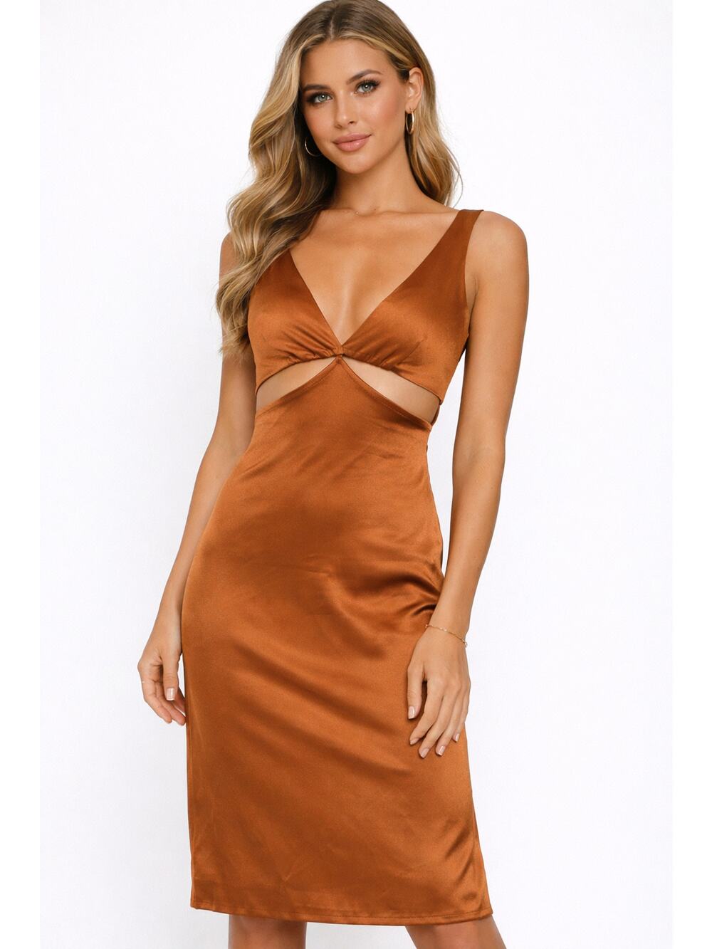 Shareen Collections Womens V Neck Cut Out Midi Dress Side Zip Size 6 Brown NWT